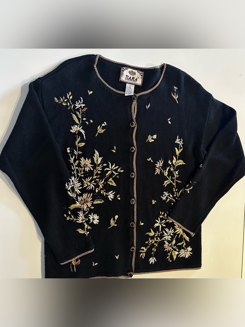 Tiara Black Floral Embroidered Cardigan with Gold & Cream Accents